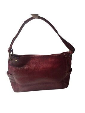 Vintage Fossil Red Pebbled Leather Shoulder Bag Side Pockets Brass Hardware